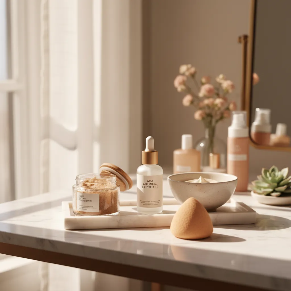 Les différents types de gommages visage : mécanique à grains, exfoliant chimique aux acides et éponge konjac