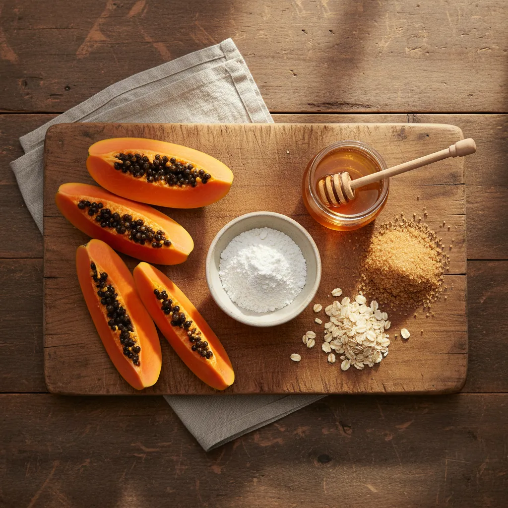 Ingrédients naturels pour réaliser un gommage visage maison : poudre de riz, papaye, miel et sucre fin