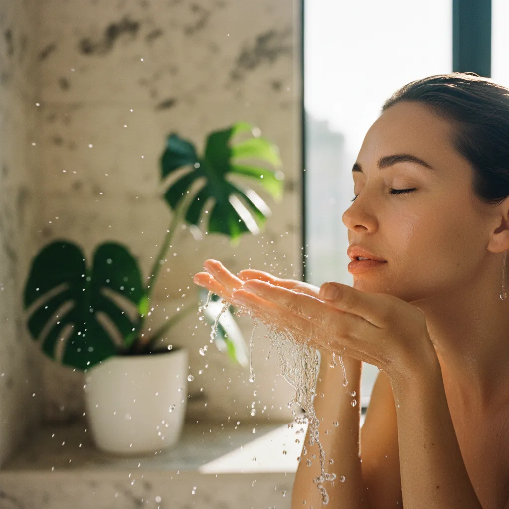 Un rinçage minutieux à l'eau tiède est indispensable pour éliminer tous les résidus de nettoyant visage