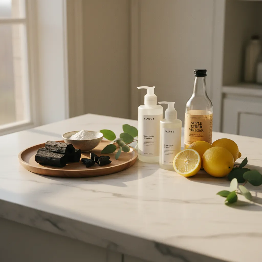 Les ingrédients stars du shampoing clarifiant : vinaigre de cidre, acide citrique, charbon actif et argile blanche