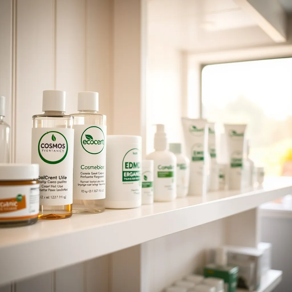 Labels de certification bio visibles sur des flacons de soins en verre ambré