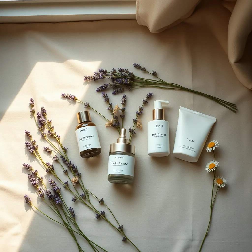 Routine complète de soins bio avec nettoyant, sérum, crème et protection solaire sur lin naturel