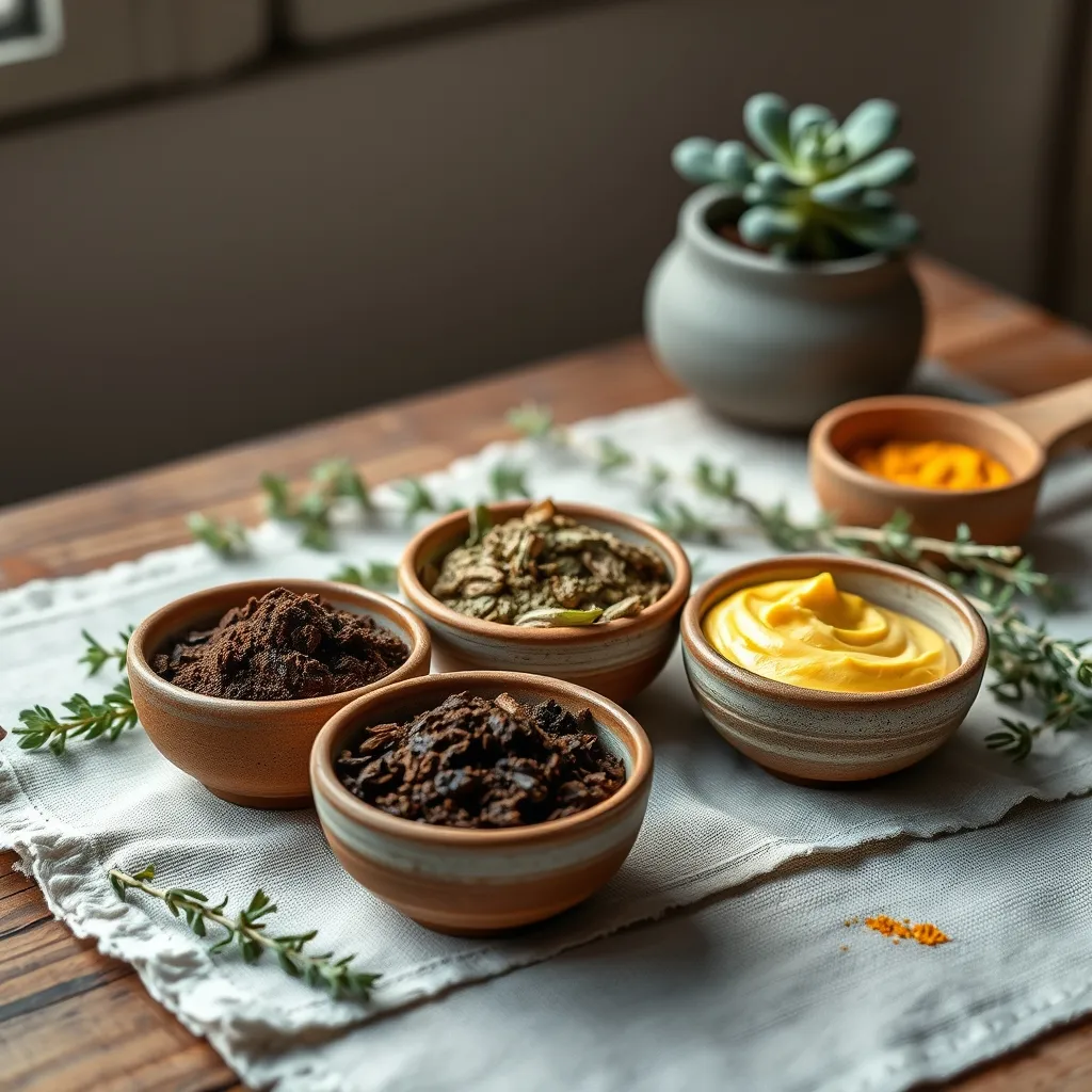 Trois variantes de gommage visage maison : café, argile verte et curcuma
