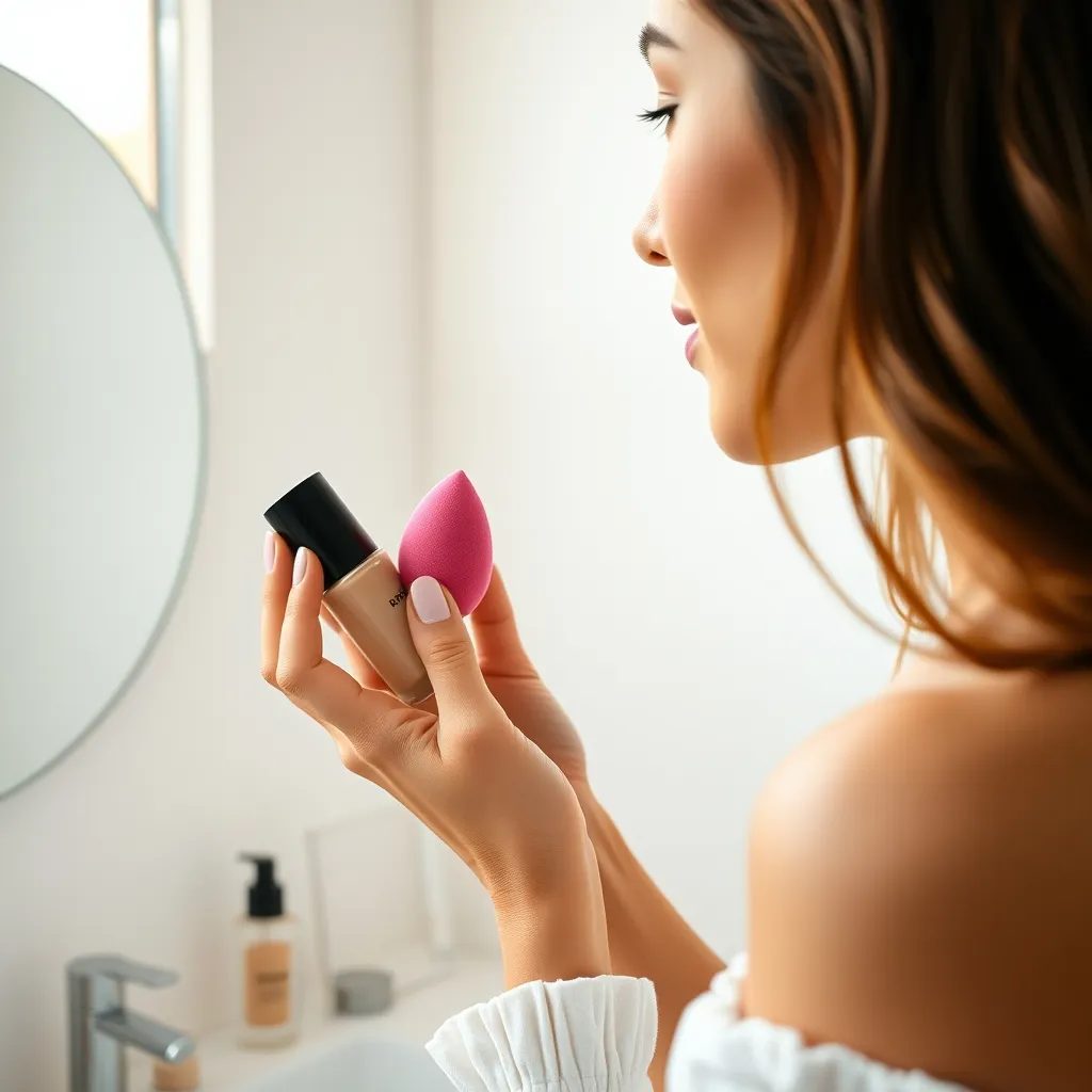 Application du fond de teint avec un beauty blender humide pour un fini naturel