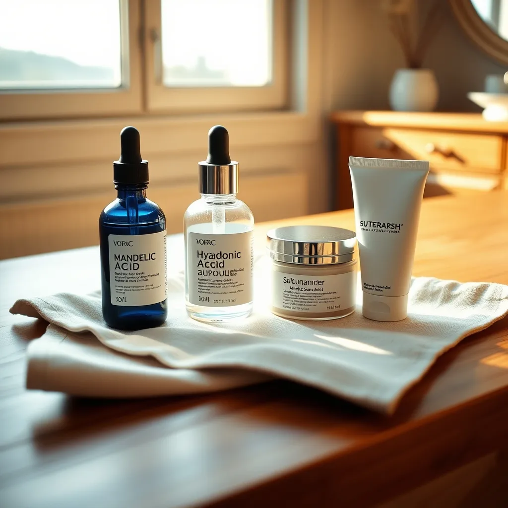 Routine skincare complète avec sérum mandélique, niacinamide et protection solaire