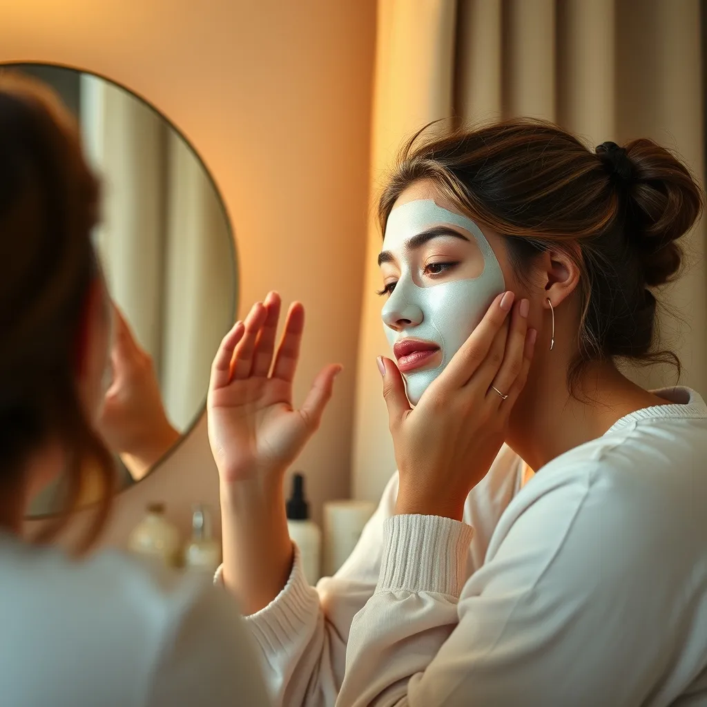 Application d'un masque en tissu hydratant coréen sur le visage