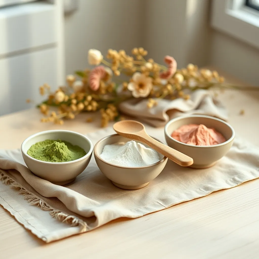 Trois types d'argile pour masque visage : argile verte, blanche et rose en poudre