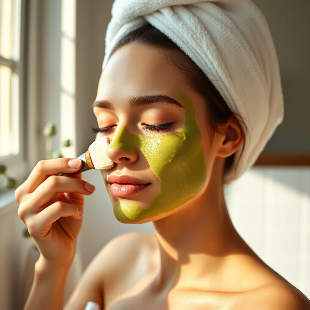 Application d'un masque nourrissant à l'avocat au pinceau plat sur le visage