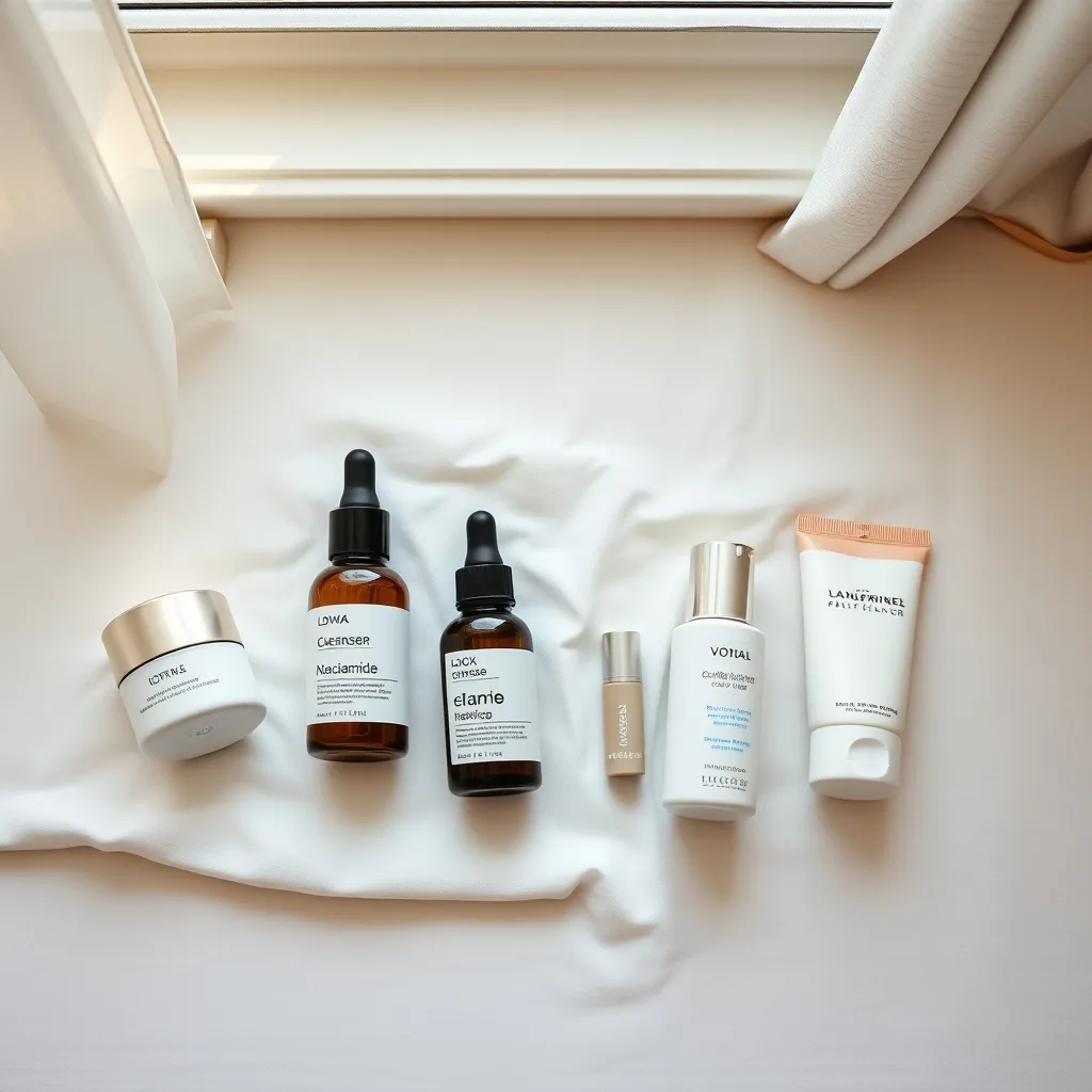 Routine complète du soir avec niacinamide, rétinol et crème hydratante disposés sur un linge blanc